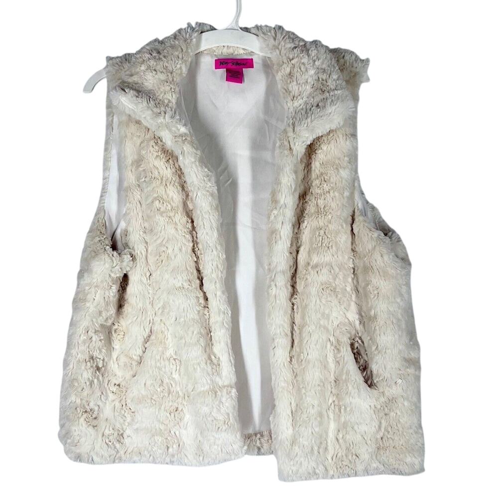 Betsey Johnson Womens Faux Fur Vest Size Large White Sleeveless Open Front Lined